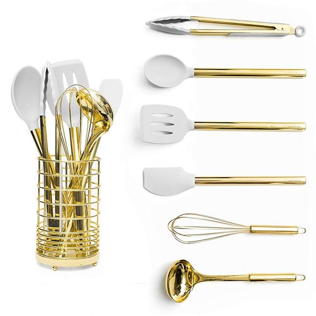 White Silicone and Gold Cooking Utensils Set with Holder- 7 PC Gold Kitchen Utensils Set Includes Gold Whisk, Gold Spatula, White Kitchen Utensils and Gold Utensil Holder- Gold Kitchen Accessories