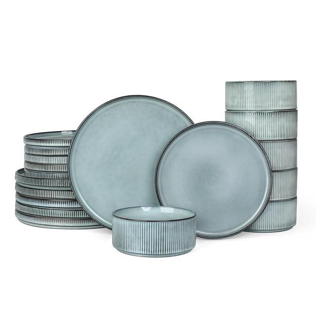 Famiware Star Dinnerware Set for 6, Stoneware Plates and Bowls Sets, 18-Piece Ceramic Dish/Dishes/Tableware/Kitchenware/Dinner Set - Smoky Blue