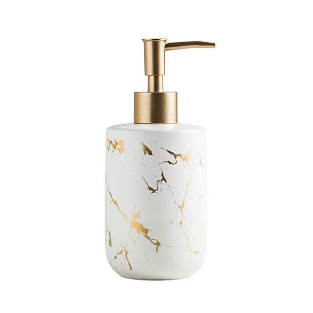 Gold Soap Dispenser for Kitchen Liquid Soap Pump Dispenser for Shower Ceramics Refillable Shampoo Lotions Bottle for Bathroom, 10.5 OZ. （White）