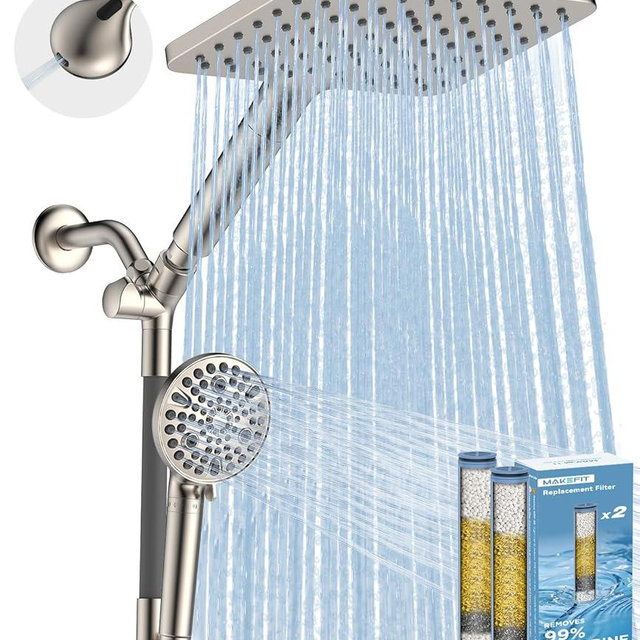 MakeFit Dual Filtered Rain Shower Head Combo, High Pressure Handheld Shower Head with Adjustable Bar - Rainfall Shower Head And Showerhead with Filter for Hard Water - Removes Chlorine