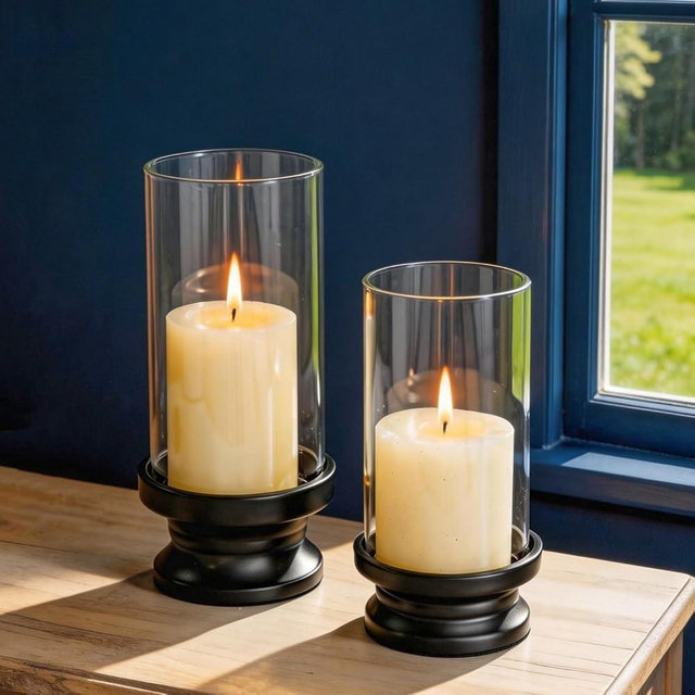 NUPTIO Hurricane Glass Candle Holder: Set of 2 Black Pillar Candle Holders with Glass Cylinder - Metal Pillars Candleholder for Halloween Thanksgiving Fireplace Living Room Decor