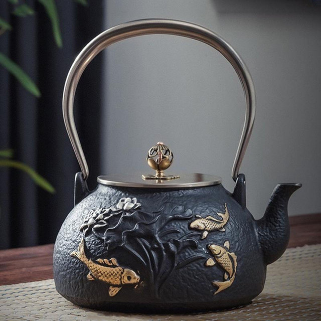 Embossed Goldfish Iron Kettle | Fireplace Kettle | Handmade Cast Iron Kettle | Open Flame Kettle | Outdoor Kettle | Tea Set