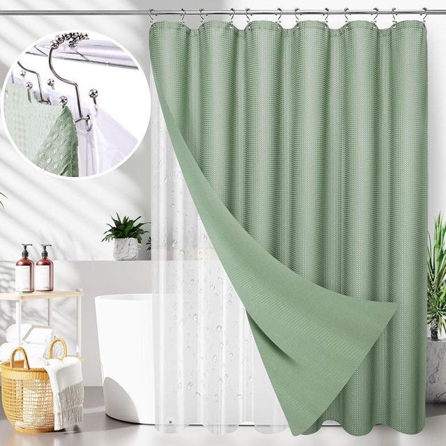 LaCyan 3 in 1 Waterproof Waffle Weave Shower Curtain and Clear Liner Set with 12 Stainless Steel Hooks Double Sided for Bathroom 72 Inches Heavy Duty Polyester Fabric Shower Curtains 72x72