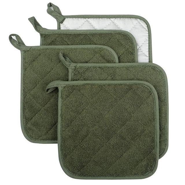 Lifaith 100% Cotton Kitchen Everyday Basic Terry Pot Holder Heat Resistant Coaster Potholder for Cooking and Baking Set of 5 Olive Green