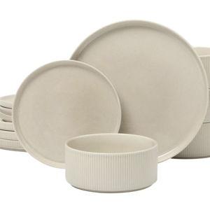 Gibson Elite Solana Coast 12 Piece Stoneware Reactive Glaze (Service for 4) Ceramic Plates and Bowls Modern Shape Embossed Dinnerware Set