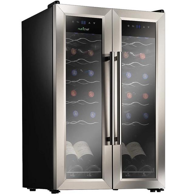 NutriChef PKCWC24 Cooler for White and Red Wines Chiller, Freestanding Compact Countertop Mini Fridge w/Digital Control, 24 Bottle Dual Zone-Stainless Steel
