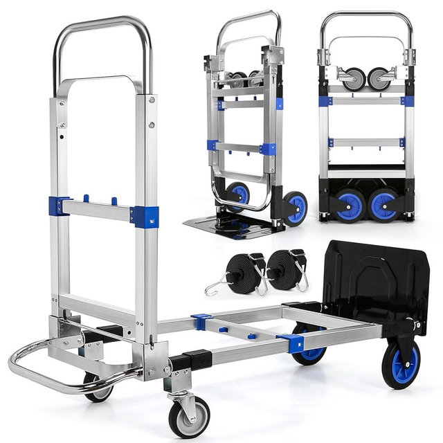 Upgraded 3 in 1 Aluminum Folding Hand Truck, 600 lbs Convertible Heavy Duty Dolly Cart, Collapsible Hand Trucks with 4 Rubber Wheels and Retractable Handle for Home, Warehouse, Supermarket (Blue)