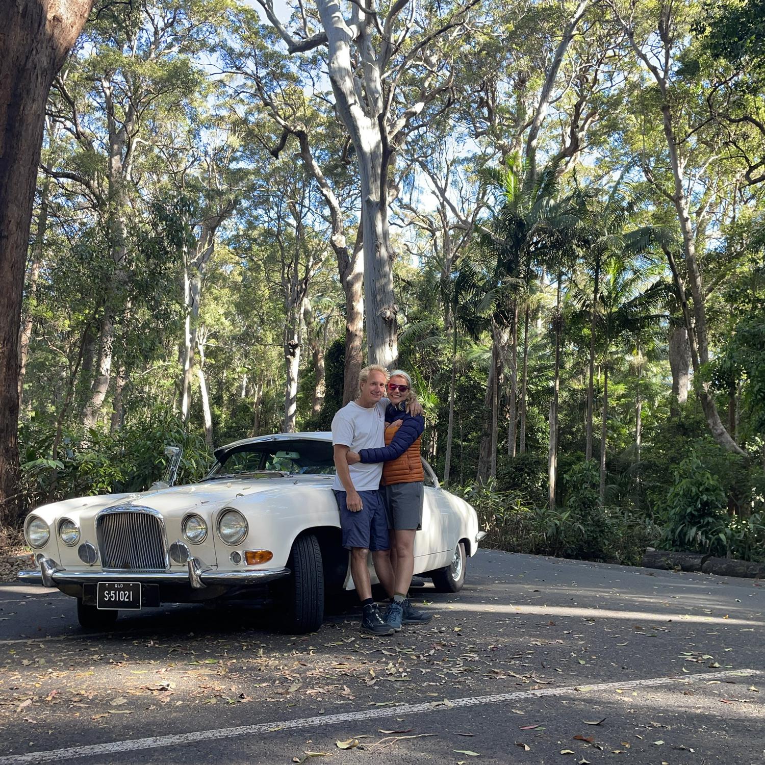Test driving Michael’s dad’s classic car up on Tambourine Mountain in Australia.
