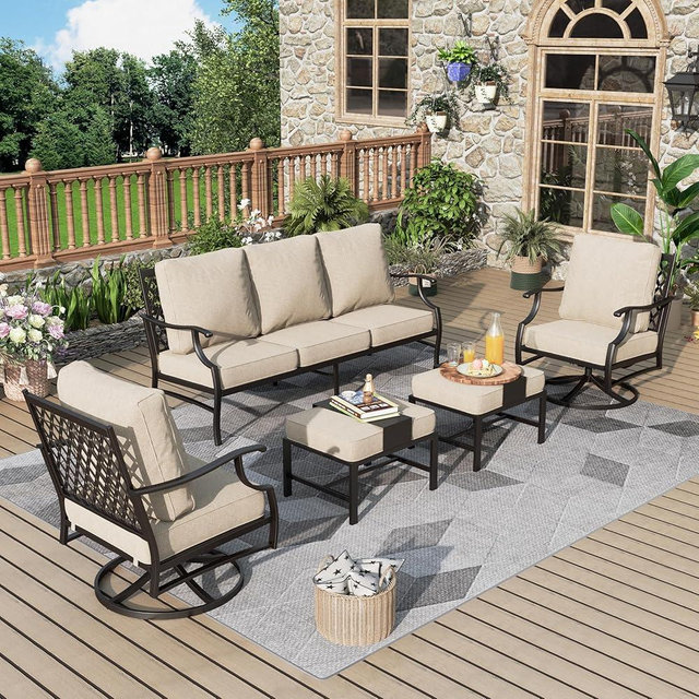 MIXPATIO Patio Furniture Set 5 pcs, Outdoor Patio Furniture, 3-Seat Sofa, 2 Swivel Chairs, 2 Ottomans and 5.75" Extra Thick Cushion, Patio Conversation Set for Garden Backyard Deck,Beige