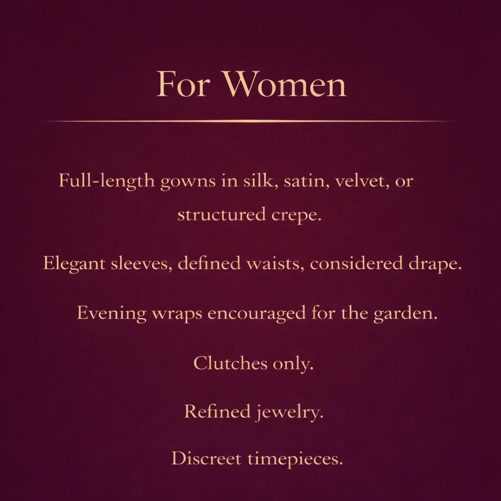 Suggested evening silhouettes for women.
Guests are welcome to interpret within the spirit of black tie.