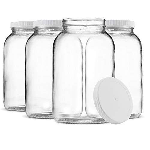 Paksh Novelty 1-Gallon Glass Jar Wide Mouth with Airtight Plastic Lid - USDA Approved BPA-Free Dishwasher Safe Mason Jar for Fermenting, Kombucha, Kefir, Storing and Canning Uses, Clear (4 Pack)