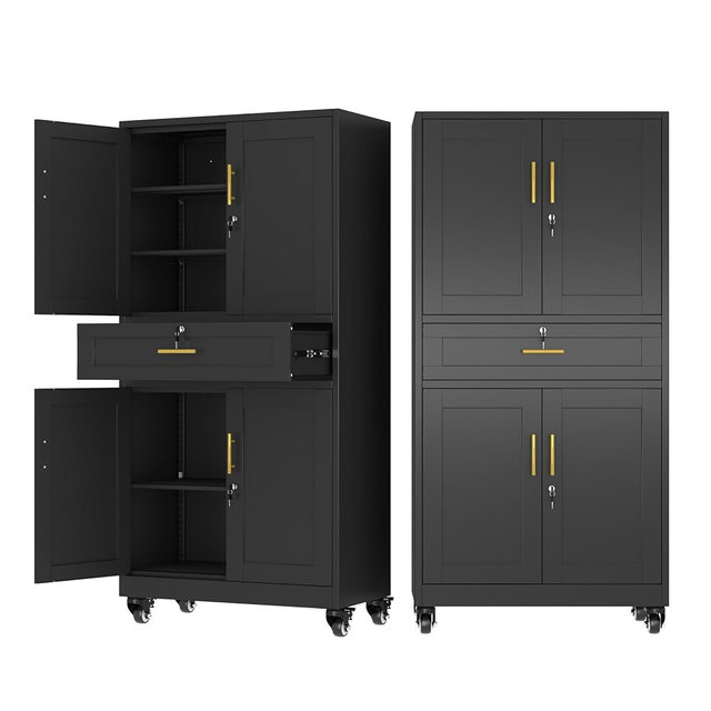 Ckzbx Metal Garage Storage Cabinet with Locking Drawers and Adjustable Shelves,71" H Steel File Cabinet with Wheels for Garage,Office (Black)