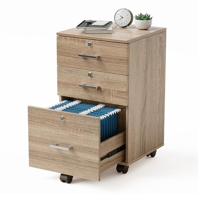 VINGLI 3-Drawer File Cabinet with Lock, Wood Rolling File Cabinet Under Desk File Cabinets for Home Office, Mobile Printer Stand & File Cabinet for Letter Sized Files, 26" H(Caster Included), Oak