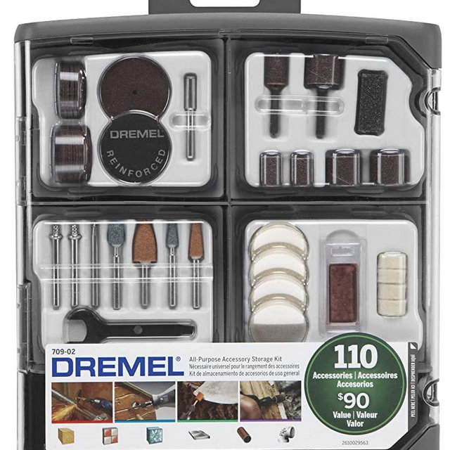Dremel 709-02 110-Piece All-Purpose Rotary Tool Accessory Kit- Includes a Carving Bit, Sanding Drums, Grinding Stones, Cutting Discs, and a Storage Case