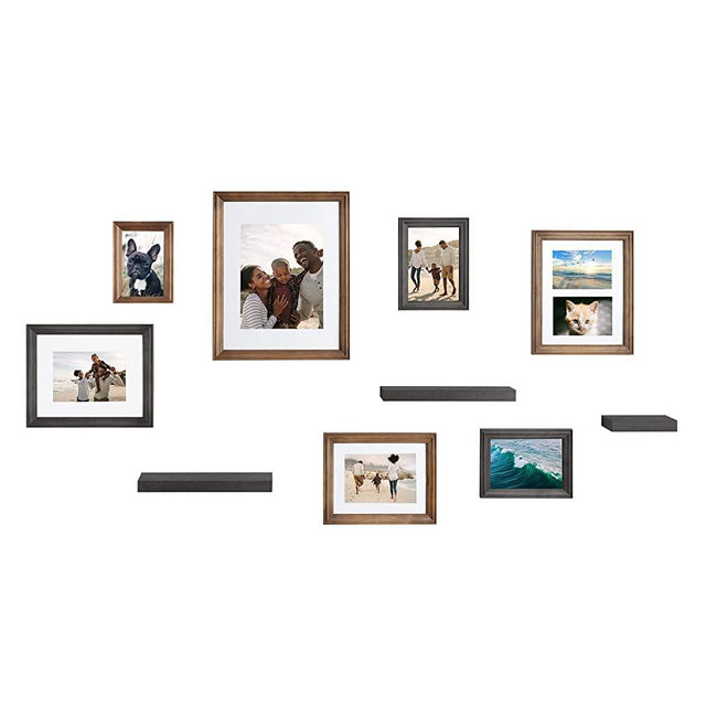 Kate and Laurel Bordeaux Gallery Wall Frame and Shelf Kit, Set of 10, Rustic Brown and Charcoal Gray, Assorted Size Frames and Three Display Shelves