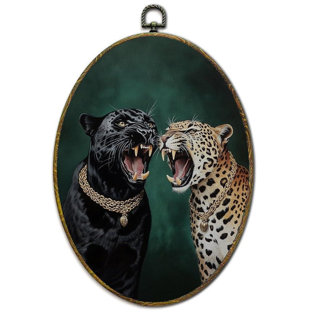 XFCICRLJ Fun Cheetah and Black Cheetah Green Wall Art Decor, Minimalist Jungle Animal Eclectic Oval Canvas Prints Framed Decorations for Bathroom Home Bedroom Living Room Decor, 11x8.5 Inch