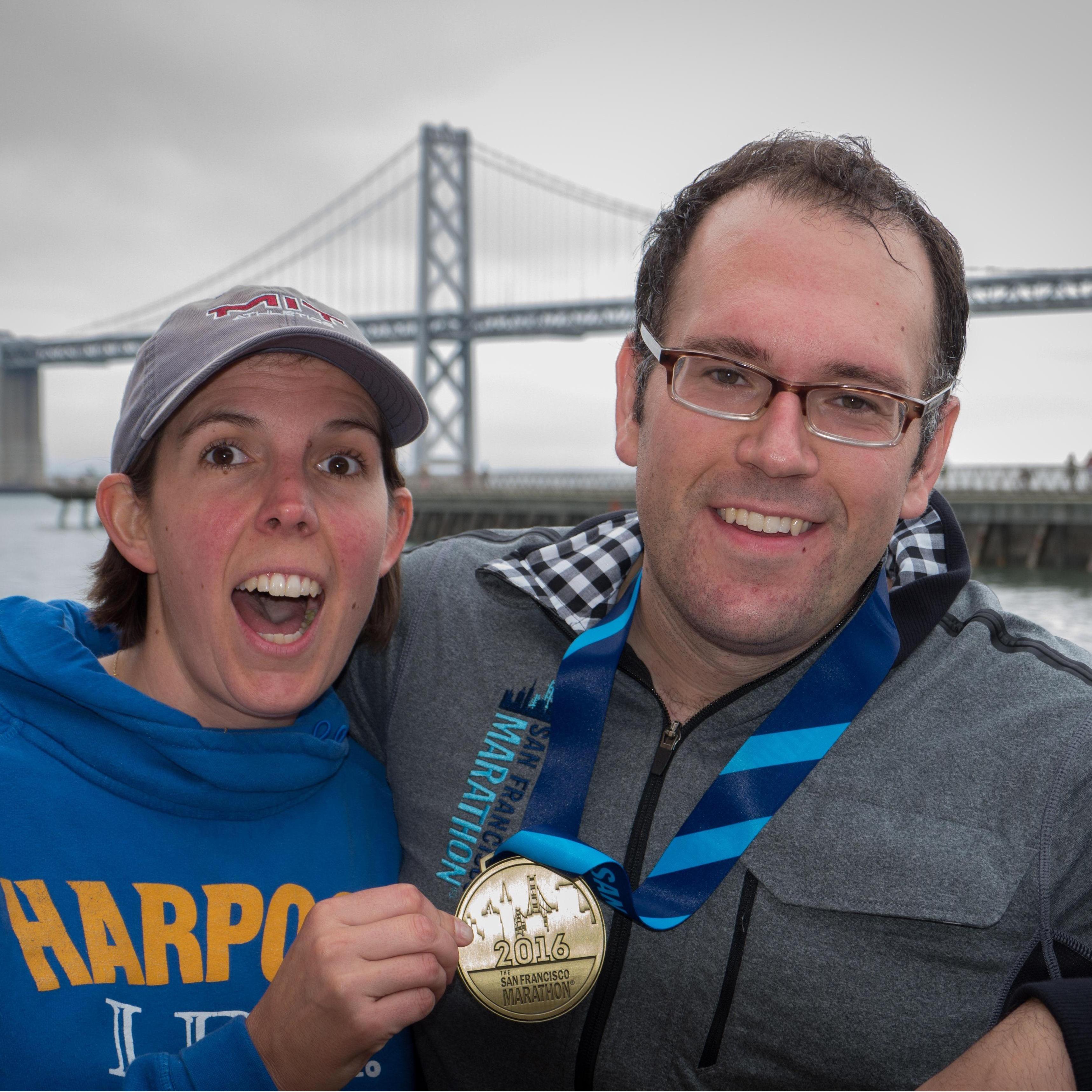 Brad at the finish line of the San Fran marathon.  Who looks more excited?!?!