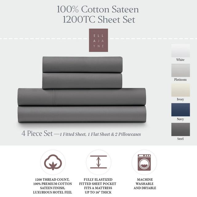 Ella Jayne 1200 Thread Count 100% Cotton Sateen Deep Pocket 4-piece Sheet Set - Queen, Steel, 4 pc