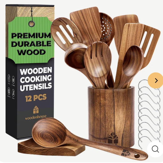 Wooden Utensils Set with Holder, Spoon Rest & Hooks - 12 PCs