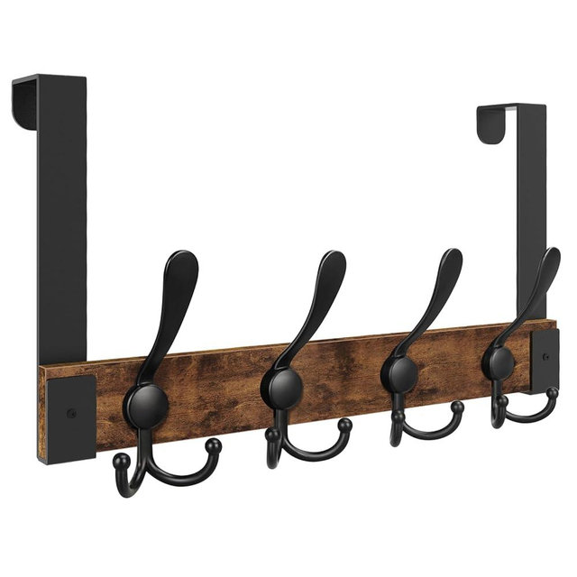Homode Over The Door Hooks for Hanging, Heavy Duty Wood Over Door Hanger Hook, Over The Door Towel Coat Rack for Bathroom, Back of Door Hooks for Hanging Towels, Clothes, Hats, Rustic Brown Black