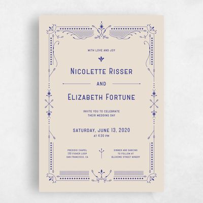 Blue Bordered Wedding Invitation - Augusta Portrait