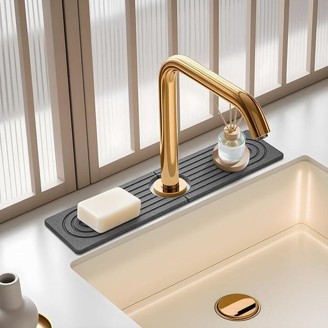 SUXLINA Faucet Mat for Kitchen Sink,Diatomite Fast Drying Stone Sink Tray,Faucet Splash Guard for Bathroom Counter [15.8"x4"],Super Absorbent, Prevents Moisture Buildup