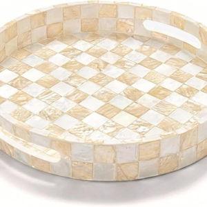Shell Round Decorative Tray with Handles, Large Round Decorative Tray for Coffee Table Decor, Decorative Tray for Living Room, Dining Table Centerpiece (Ivory)