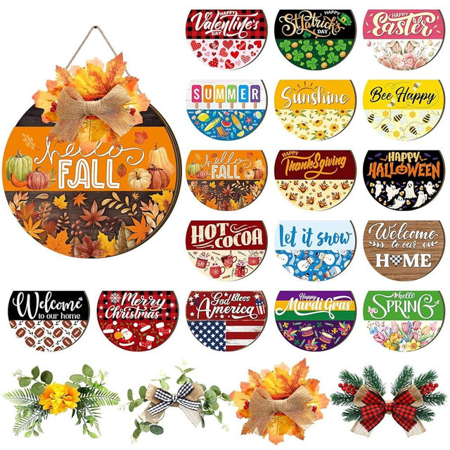 Vicenpal Interchangeable Welcome Sign for Front Door with 17 Magnetic Icons, Wooden Seasonal Front Porch Door Decor with 4 Seasonal Wreaths and 17 Changeable Icons for Holiday Party(Black)