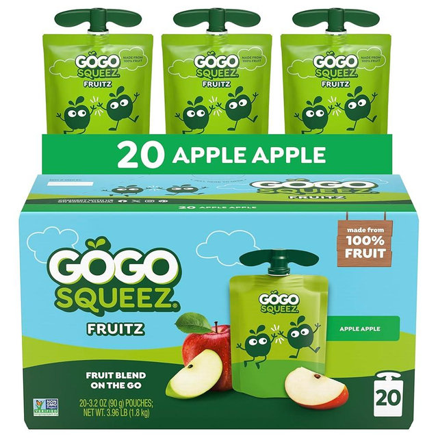 GoGo squeeZ No Sugar Added Applesauce and Fruit Puree, Apple, 3.2 oz Pouches (Pack of 20), Fruit Snacks for Kids, Gluten Free, Nut Free, Recloseable Cap, BPA Free