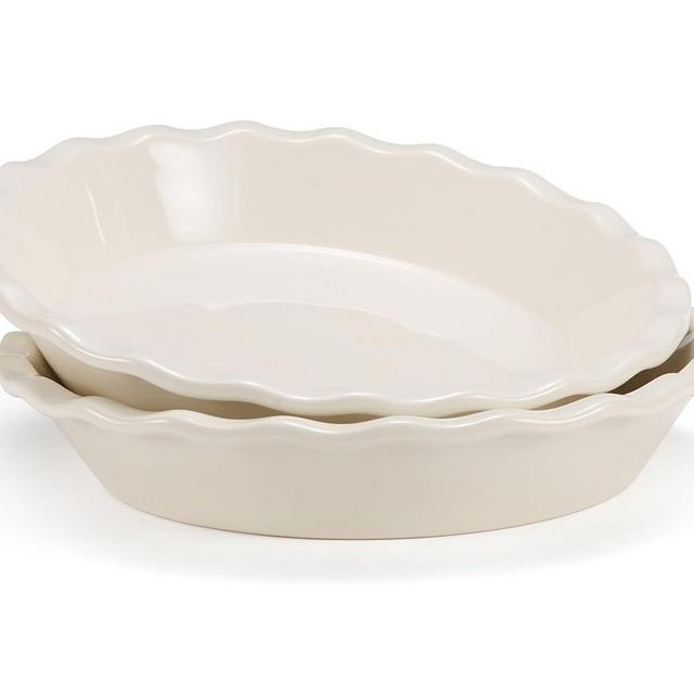 KooK Pie Pan, Ceramic Reusable Round Pie Dish, Quiche Baking Dish, Deep, Wave Edge, For Cakes, Tart, Casseroles, Tarts, Microwave, Oven and Dishwasher Safe, 9-Inch, 36 oz, Set of 2, Ivory