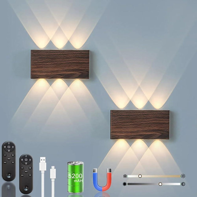 Shelprojsu LED Cordless Wall Sconce, 5200mAh Rechargeable Battery Operated Wall Lamp with Remote Control, 3 Colors and Dimmable Magnetic Wireless Wall Light (Walnut, 2PCS)