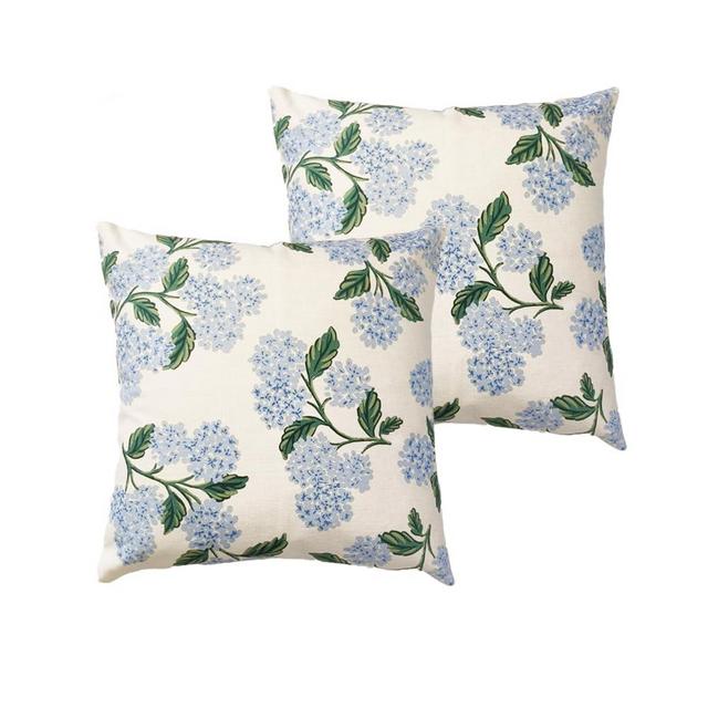 Btyrle Blue Hydrangea Flower Throw Pillow Covers 18x18 Inch Set of 2 Decorative Farmhouse Cotton Linen Floral Pillowcases Square Spring Summer Floral Cushion Covers for Couch Sofa, White