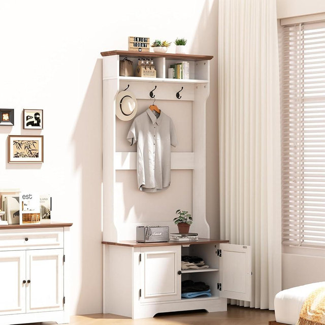 Hall Tree with Shoe Rack, 5-in-1 Farmhouse Coat Rack with Shoe Bench, Standing Shoe Storage with 3 Hooks for Front Door Entrance Mudroom Entryway Bedroom Hallway Living Room, White and Walnut