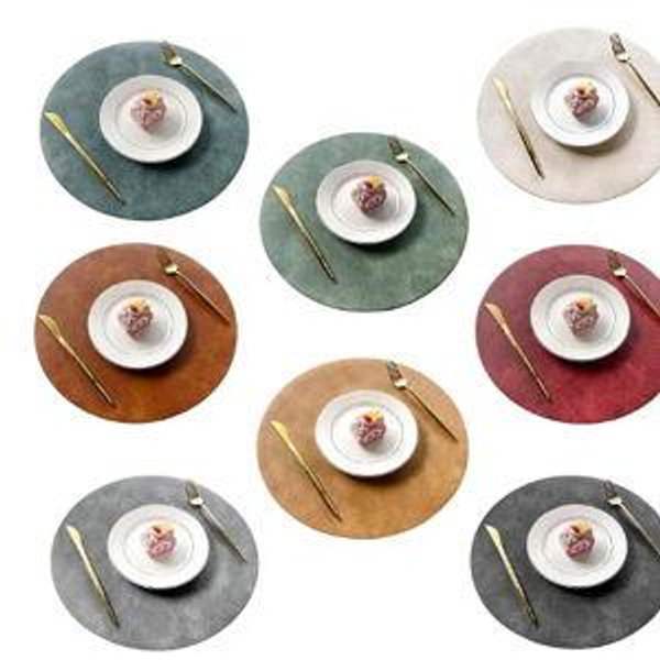 UnivoColors PU Leather Placemats Set of 8,15 Inches Round Washed Cowhide Pattern Table Mats for Dining Table, Kitchen, Party Decoration(Retro 8 Colors Combination)