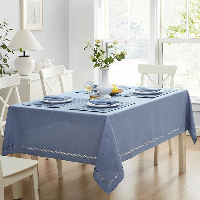 Newbridge Fabric Rectangle Tablecloth, 60 x 84 Inch, Summer Provence Lattice Cutwork Solid Color Textured, Water and Stain Resistant Easy Care Fabric Table Cloth for Party and Buffet, Wedgewood Blue