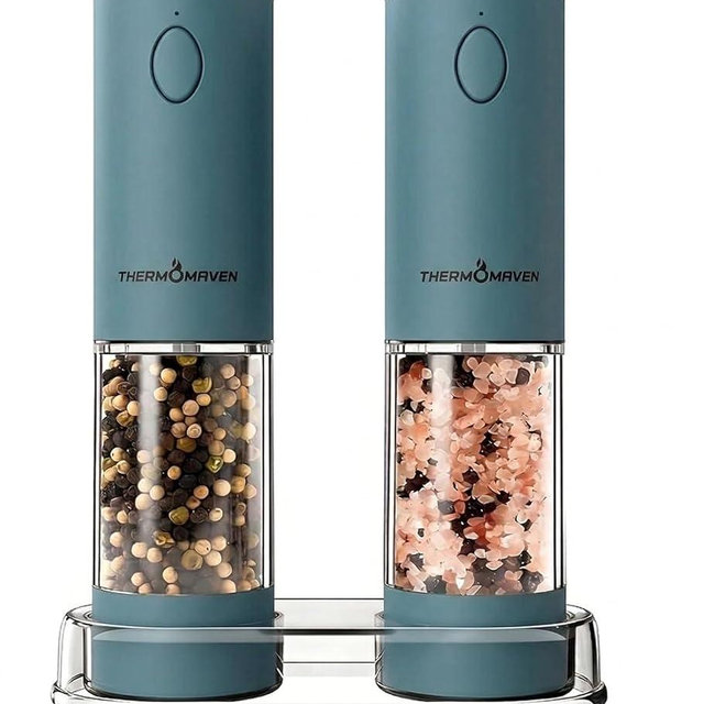 ThermoMaven Electric Salt and Pepper Grinder Set, 110ml Larger Rechargeable Automatic Salt and Pepper Mill Grinder with 6 Adjustable Coarseness, Electric Salt and Pepper Shakers, LED, Navy Blue