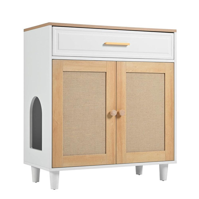 3 in 1 Cat Furniture, Litter Box Enclosure with Cat Scratcher, Cat House Modern Side Table with Storage,Power Outlet Storage Cabinet