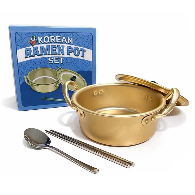 Captain Cranberry Korean Ramen Pot Set (with Lid, 304 Stainless Steel Spoon & Chopsticks), Gold Korean Ramen Noodle Pot, 30.7oz/900ml, Double Handle, Fast Heating Stovetop Cooking Pot for Shin Ramyun