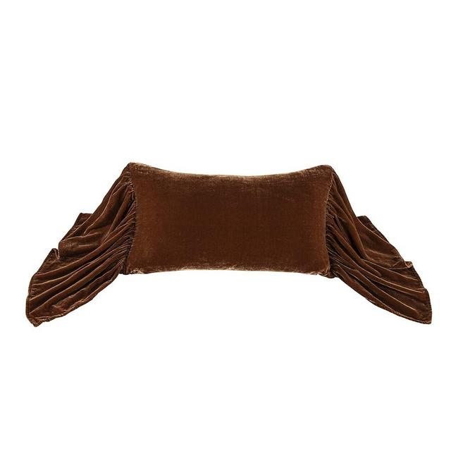 HiEnd Accents Stella Faux Silk Velvet Long Ruffled Pillow, 14x26 inch, Copper Brown, Romantic Western Modern Traditional Style Luxury Bedding, Decorative Throw Pillow