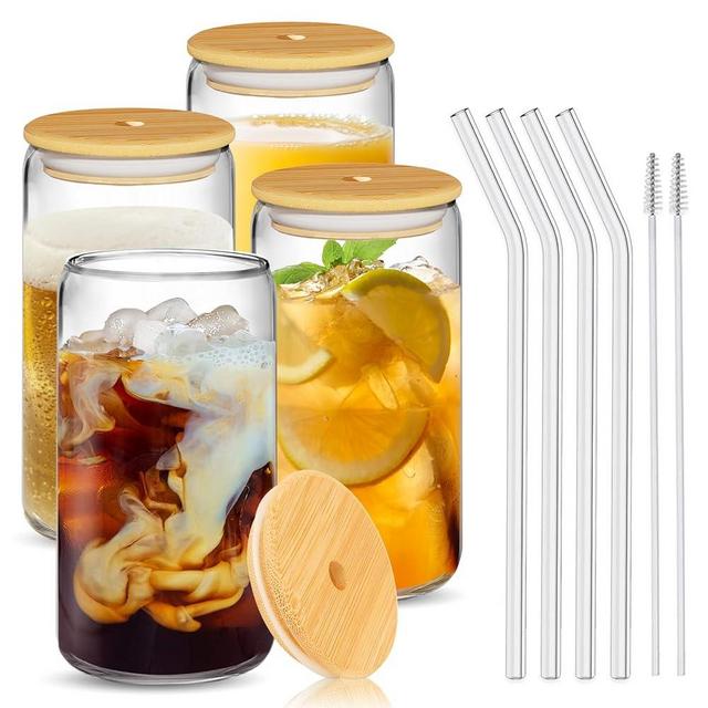 4Pcs Glass Cups with Bamboo Lids and Glass Straws Set-16oz Can Shaped Drinking Glasses, Beer Glasses, Iced Coffee Glasses, Cute Tumbler Cup, Ideal for Whiskey,Cocktail,Wine,Gift-2 Cleaning Brushes