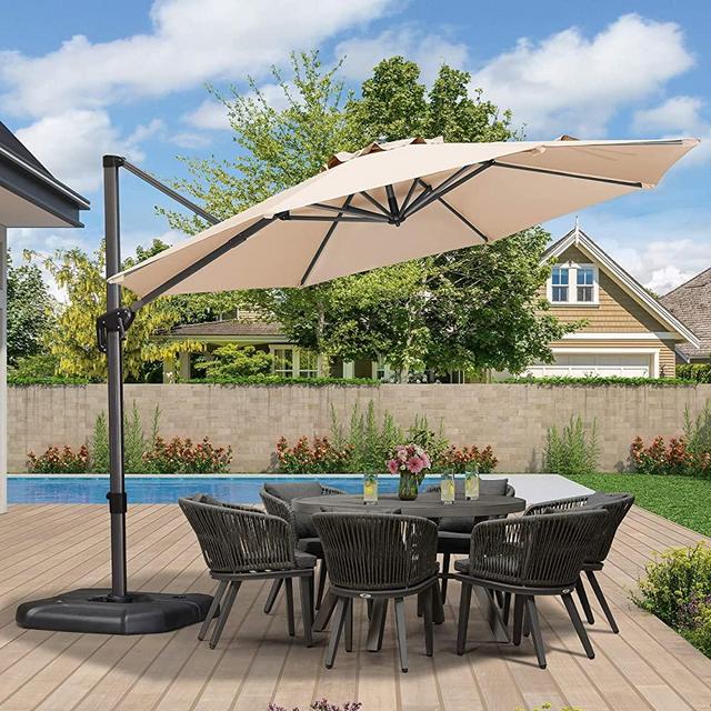 PURPLE LEAF 11 Feet Patio Umbrella Outdoor Cantilever Round Umbrella Aluminum Offset Umbrella with 360-degree Rotation for Garden Deck Pool Patio, Beige