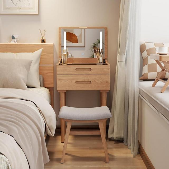 Muwuele Solid Wood Small Vanity Desk with Flip Top Mirror, Brightness Adjustable Lights, Compact Vanity with Glass Top and Drawers, Slim Dressing Table for Small Space, Bedroom, Living Room, Natural