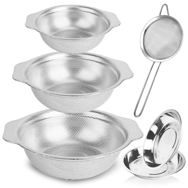 Rice Washer Strainer Bowl,6 Pcs Stainless Steel Colander Set,3QT/4QT/5QT Rice Washer Strainer with 10" Plates,Mesh Strainer for Washing and Draining Vegetables, Fruit, Rice, Pasta,Dishwasher Safe