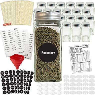 Talented Kitchen 24 Glass Spice Jars w/2 Types of Preprinted Spice Labels. Commercial Grade, Complete Set: 24 Square Empty Jars 4oz, Pour/Sift & Coarse Shakers, Airtight Cap, Chalkboard & Clear Label