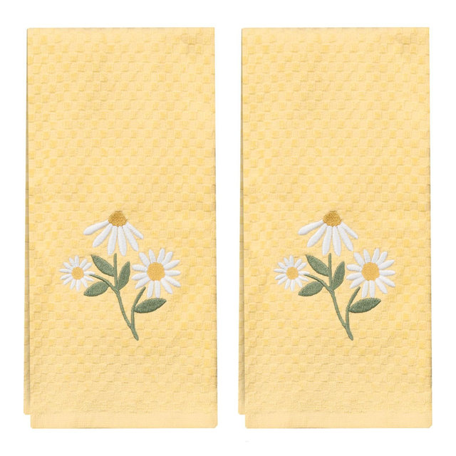 RITZ Daisy Trio Kitchen Towel Set, 2-Pack – Embroidered Check Velour Cotton Towels, 16" x 26", Yellow