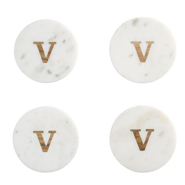 Alphabet Marble & Wood Coasters, Set of 4 - V
