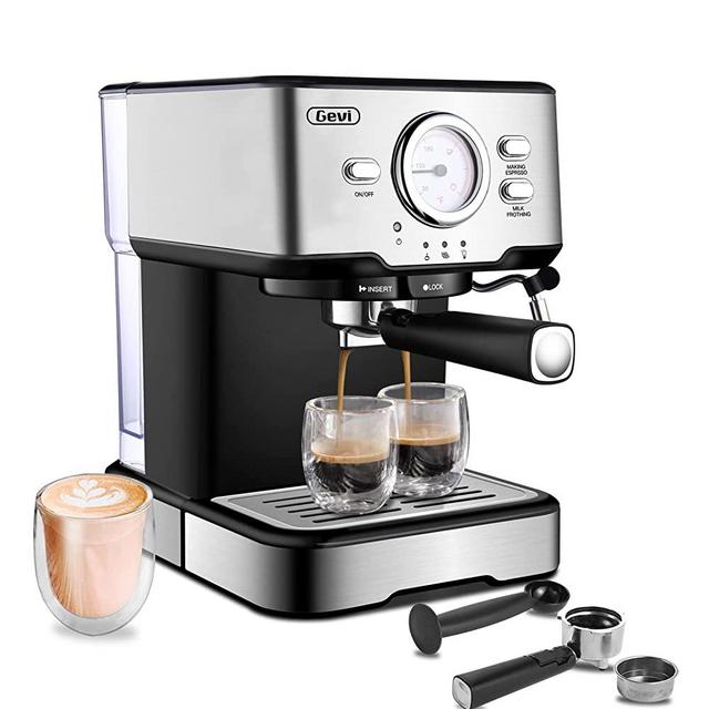 Gevi 15 Bar Espresso Machine, Professional Espresso Coffee Maker with Milk Frother for Espresso, Latte, Machiato and Cappuccino, 1.5L Removable Water Tank, Silver, 1100W