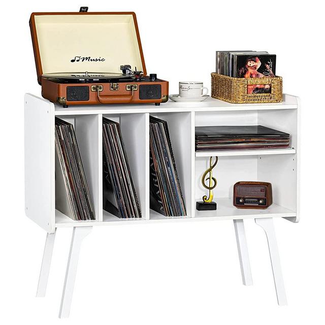 Lerliuo Record Player Stand with 4 Cabinet Holds Up to 220 Albums, Large Turntable Stand with Beech Wood Legs, Mid-Century Record Player Table,White Vinyl Holder Storage Shelf for Bedroom Living Room