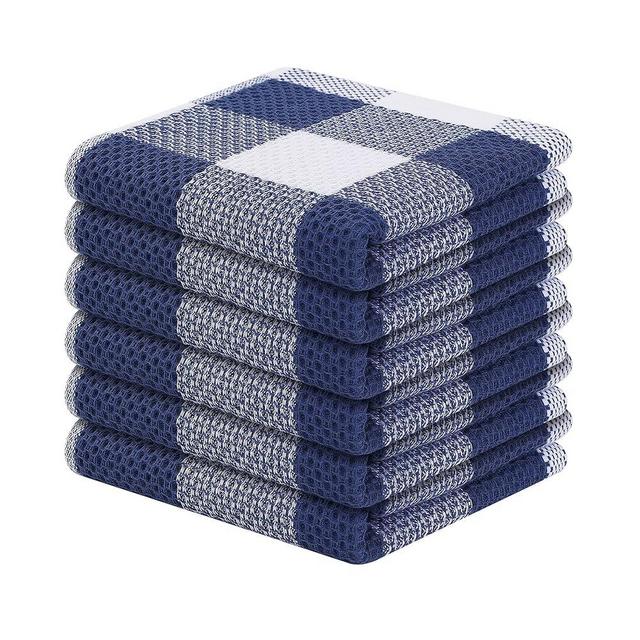 Mordimy 100% Cotton Waffle Weave Plaid Dish Cloths, 12 x 12 Inches, Super Soft and Absorbent Quick Drying Buffalo Check Dish Rags for Kitchen, 6-Pack, White & Navy Blue
