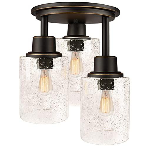 Semi Flush Mount Ceiling Light, 3-Light Close to Ceiling Light Fixtures, Vintage Oil-Rubbed Bronze Finish with Clear Seeded Glass Shade Chandelier Lighting for Stairs Porch Hallway Entryway Kitchen